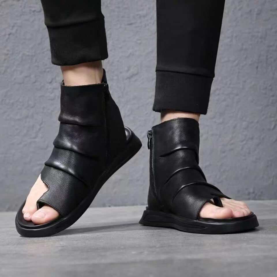 Sandalias de verano de cuero real para hombre zapatos playa moda hondas botas altas