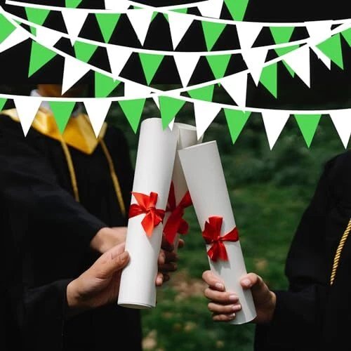 Banderín banderín verde y blanco de 100 pies banderas cuerda tela triángulo banderín Foto 3 de 4