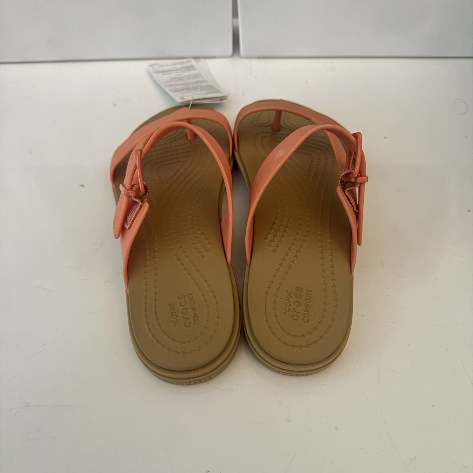 Crocs Tulum Toe Post Thong Womens Sandals Orange/Beige Buckle Strap Size 6 image 2