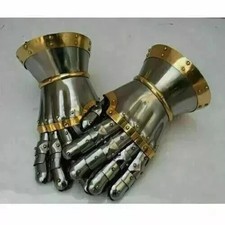 Medieval Nazgul Crusader Steel Gauntlet Armor Gloves Brass Silver Accents