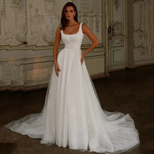 Glitter Wedding Dresses Square Neck Back Zipper Pearls Sweep Train Bridal Gowns
