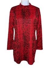 New Boohoo Red Snake Print Roll Neck MINI Dress Women's Size 12 Long Sleeve Sexy