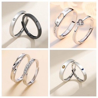 Sun Moon Star Adjustable Couple Promise Rings Set Matching Wedding Bands for Her