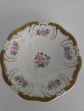 Vintage Lindner Handarbeit Gold Trim Rose Floral White Small Dish W Germany 4"
