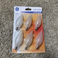 6 GE 40W Frosted White Flame Tip CAC Type Light Bulbs w/Candelabra Base