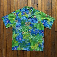 True Vintage 70s Reef Hawaii Floral Leaf Barkcloth Button Down Shirt Camp Men