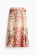 H&M WOMEN Collection Flared Linen Blend Floral Print Midi Skirt Pink
