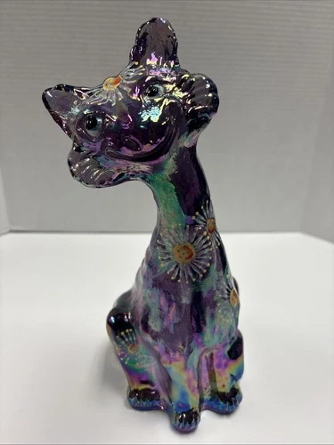 Fenton 11" Purple Carnival Glass Happy Alley Cat, Painted