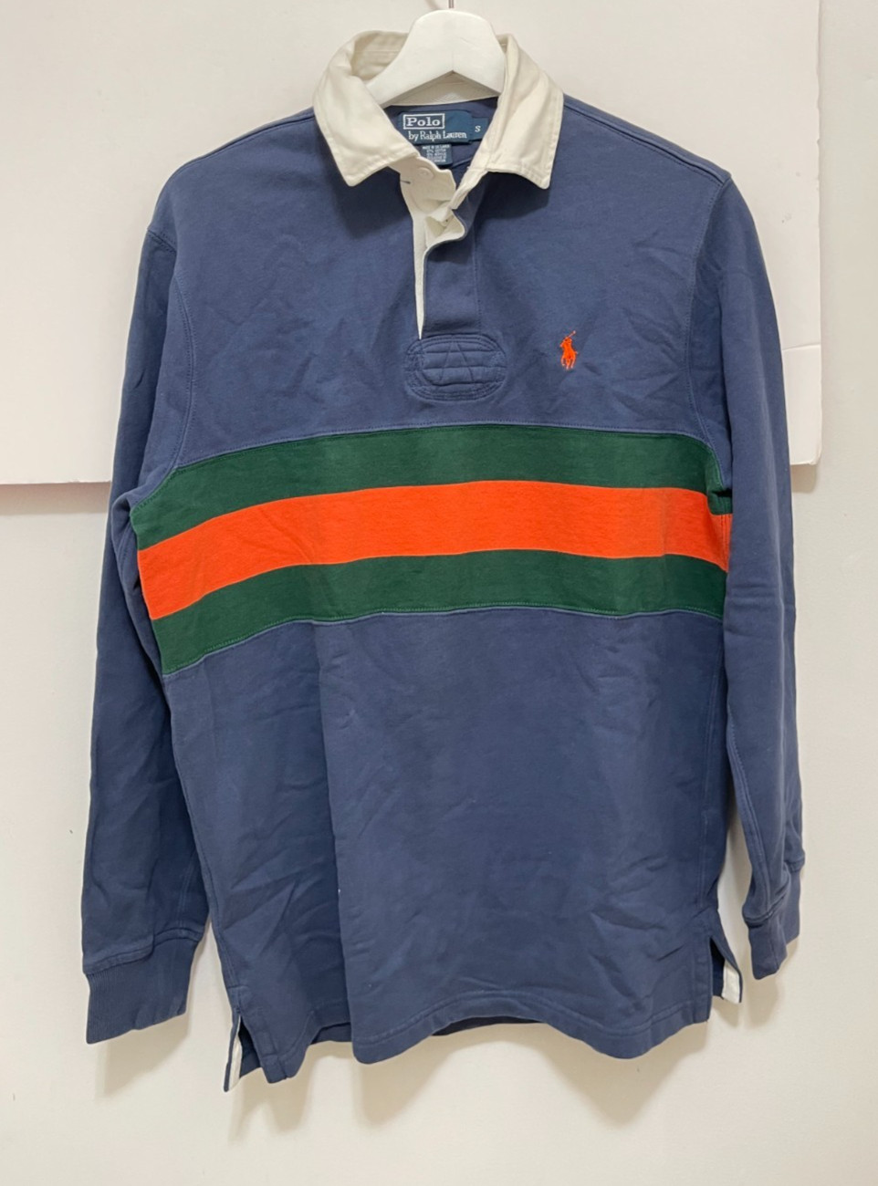VTG 90s Y2K Polo Ralph Lauren Navy Striped Colorblock Rugby Shirt S Kanye West