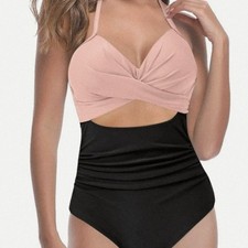 Women's Pink Black Cutout Waist Tummy Control Tie Back Swimsuit Size M NWT