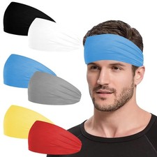 6 Pack Sports Headbands for One Size, Black White Light Blue Gray Yellow Red