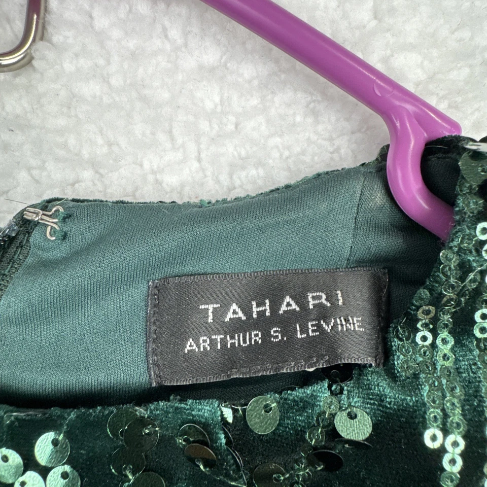 Tahari Arthur S. Levine Dress Women's Med ? Emerald Green Velvet Sequin  Midi - Image 3 of 4