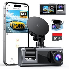 3 Channel WiFi Dash Cam Front and Rear Inside with 64GB SD Card, 2.5K 1080P 1...