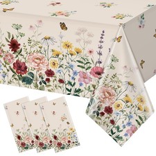 3Pcs Tea Party Table Cover, Floral Plastic Rectangle, Beige
