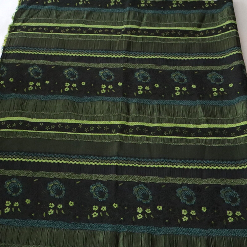 Vintage Luxury Artistic Silky Fabric Black, Green, Blue Emb Pleated Floral 1 yds - Picture 2 of 11