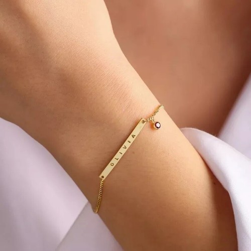 Personalize Tiny Name Plate With Shiny Red Ruby Bracelet In Real 10K Yellow Gold - Picture 2 of 4