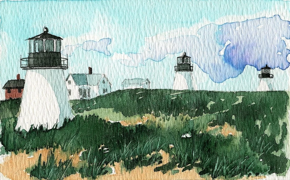 BELLA TERRA Three Sisters of Nauset Lighthouses Cape Cod Massachusetts. Watercolor Notecards