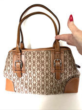 Fossil Brown Signature Fabric Leather Shoulder Handbag Satchel Bag Key Fob