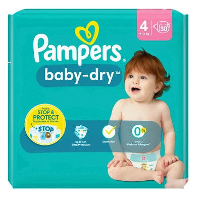 30 Stück Pampers Baby Dry Größe 4 / 9 - 14 kg 20 -30 lbs Windeln new baby