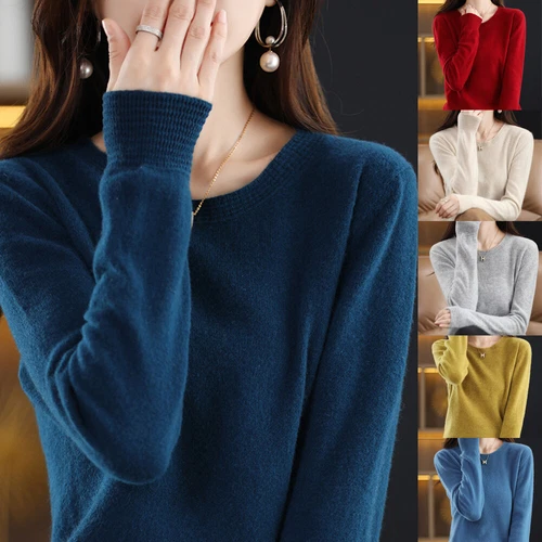Damen Wolle Kaschmir Pullover Strickpullover Slim Rundhals Pulli Einfarbig Pulli