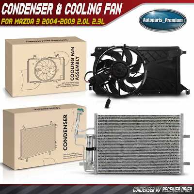 AC Condenser & Radiator Cooling Fan Assembly Kit for Mazda 3 2004-2009 2.0L 2.3L