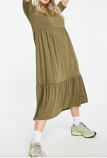 ASOS KHAKI PETITE TIERED SMOCK T-SHIRT  MIDI/MAXI DRESS IN SIZE 8 PETITE ~ NWT
