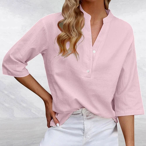 3/4 Sleeve Women's Top Casual Loose Round Neck T Shirt Cute Solid Color Long - Picture 37 of 42