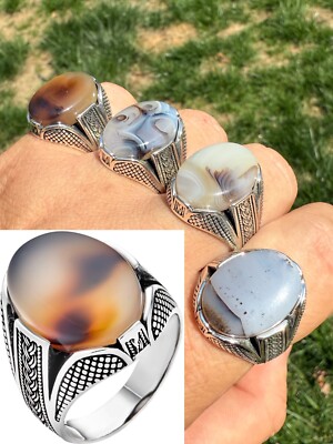 Mens Real Solid 925 Sterling Silver Agate Natural Gemstone Handmade Ring Sz 6-13