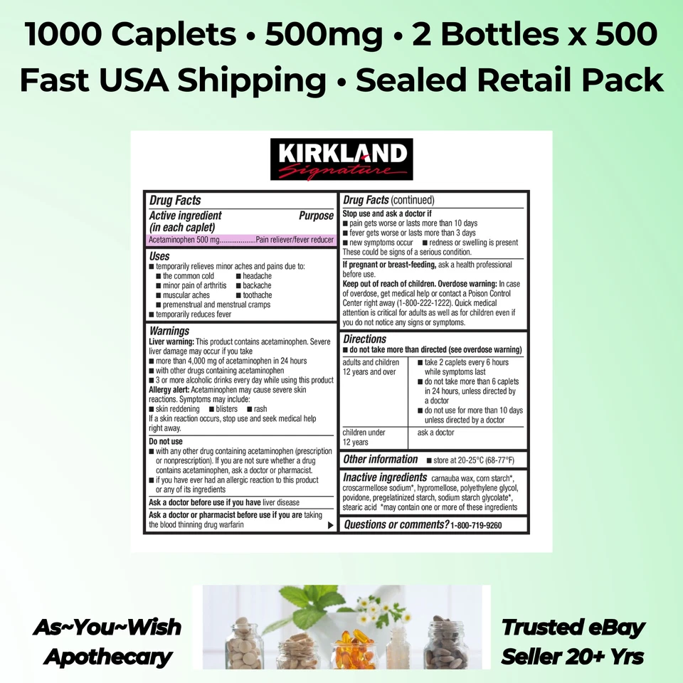 Kirkland Extra Strength Acetaminophen 500mg 1000 Count Compare Tylenol Exp 01/27 - Image 2 of 4