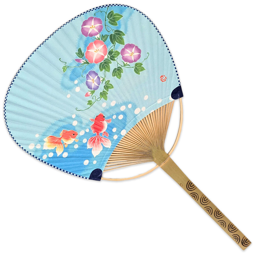 Japanese Uchiwa Flat Fan Hand Held Bamboo Handle Asagao Goldfish