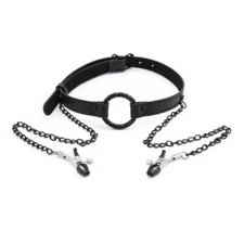 Black Leather Sex Open Mouth Gag Nipple Clamps With Chain Bondage Bdsm Set