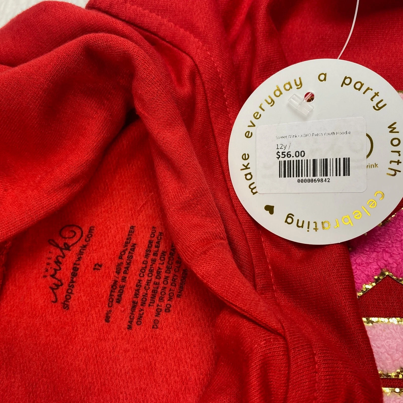 Felpa con cappuccio nuova con etichette Sweet Wink Boutique ragazza taglia 12 XOXO patch maglione San Valentino