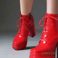 Women's High Block Heel Platform Ankle Boots Knight Shoes Shiny Leather Clubwear