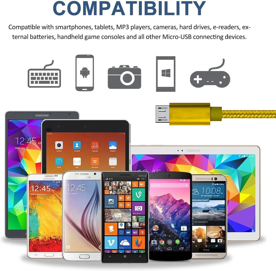 Micro USB to USB Fast Charger Data Cable Cord For Samsung Android HTC LG Gold - Image 4 of 4