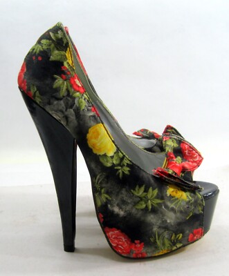 Black Multi 6.5''Stiletto High Heel 2''Platform PEEP TOE BOW Shoes WOMEN Size  6.5