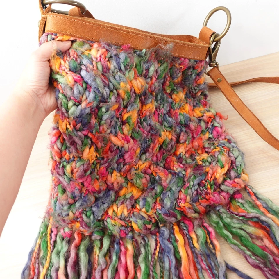 90s VINTAGE Lucky Brand Bag Western Whimsy Knit Braided Wool Fringe Hobo Tassel - Image 2 of 4