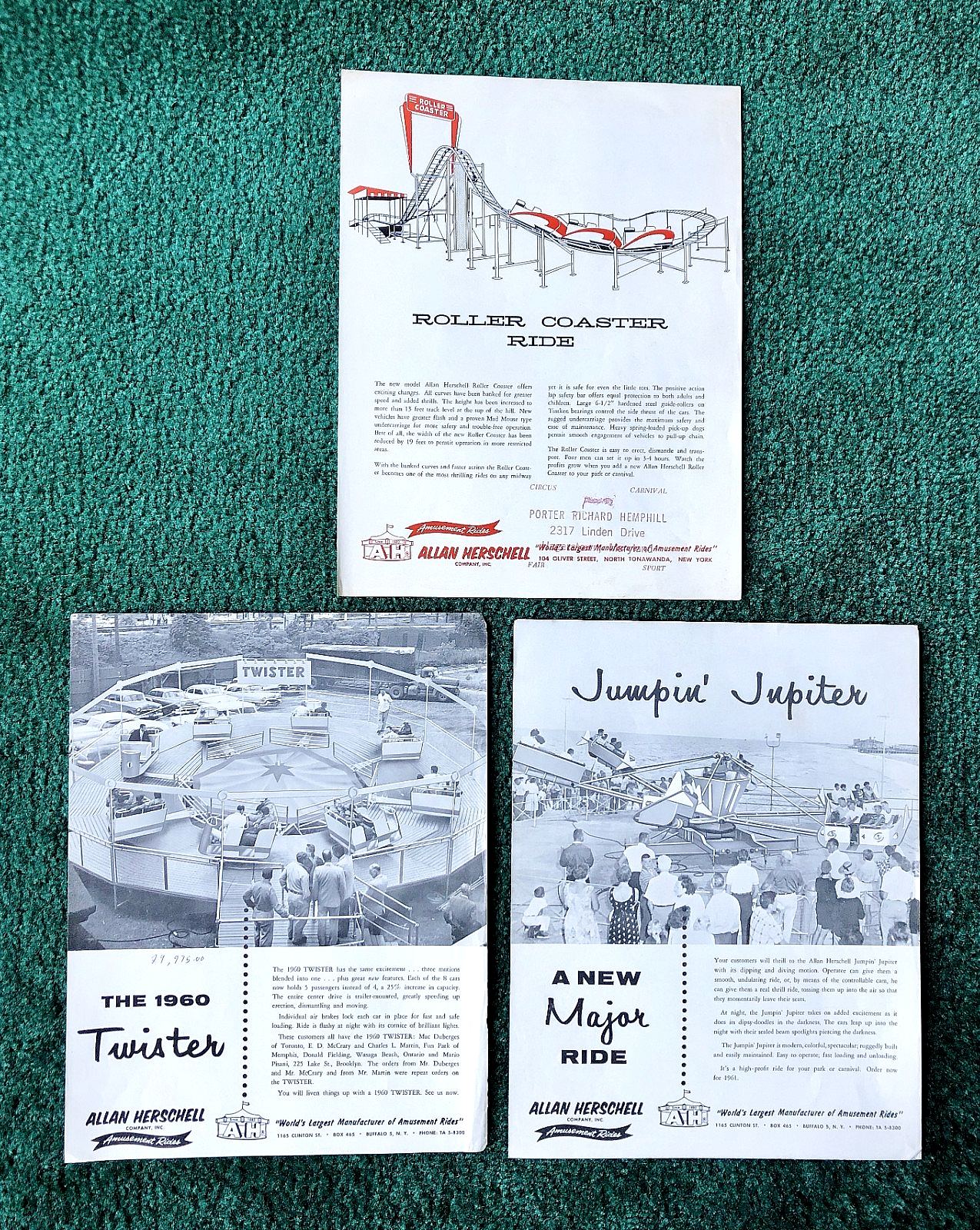 1960 ALLAN HERSCHELL BROCHURE LOT X3 ROLLER COASTER CARNIVAL AMUSEMENT ...