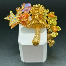 KIRK'S FOLLY BROOCH CUPID ON A MUSHROOM STARS DANGLES RHINESTONES GOLD TONE