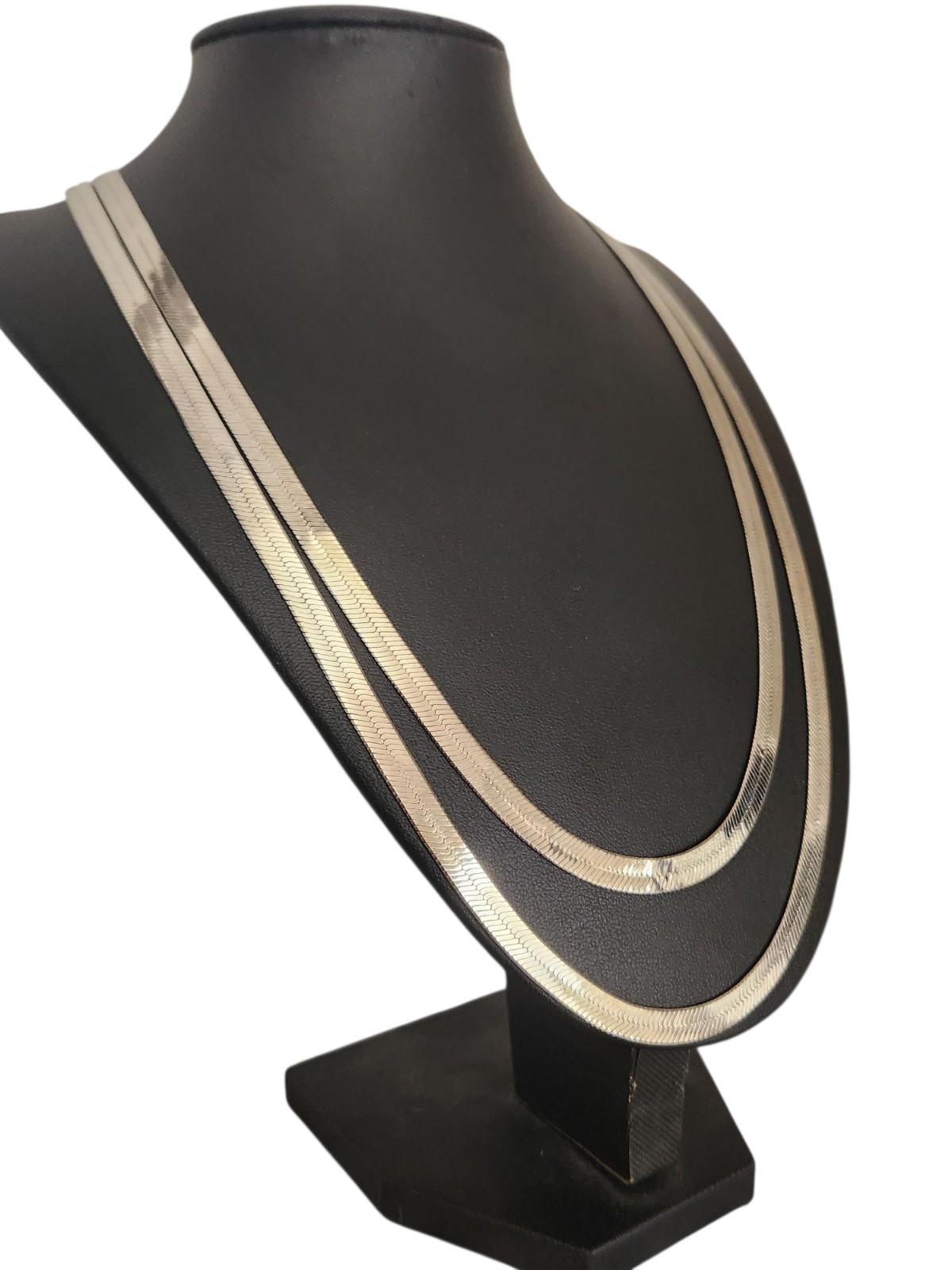 Double Strand Layered Silvertone Herringbone Link… - image 5