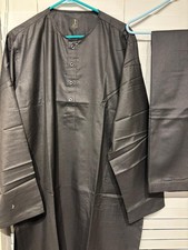 New Junaid Jumshaid Pakistani Men Black Shalwar Kameez Stitched Size Large 2 Pc