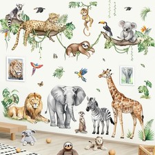 Large Jungle Animals Tree Branch Wall Stickers Safari Elephant Giraffe Leopar...