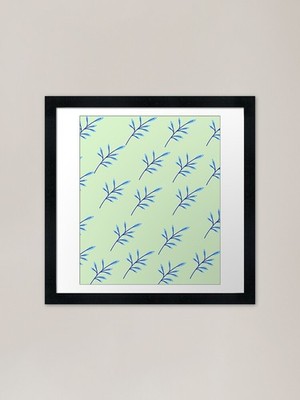 Blaues Blumenmuster auf Pastellgrün gerahmt Wandbild Poster Leinwanddruck Bild