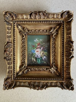 Vintage Miniatur Ölgemälde Stillleben Blumen mit gold verziertem Rahmen Italien