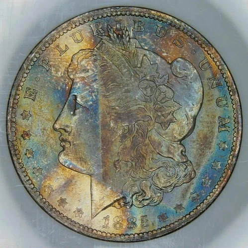 1885-O__MS 63__Morgan Silver Dollar__Tape, Color Toned__NGC, Unc Coin
