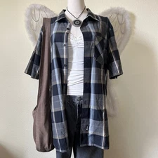 Indie Skater Grunge Plaid Oversized Shirt Button Up Short Sleeve Dad Black Grey