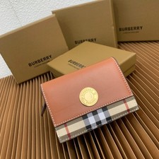                  Vintage Check  Leather Small Folding Wallet Tan Brown Gold