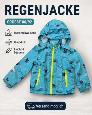 Kinder Regenjacke Gr. 86/92 Türkis Kapuze | Wasserabweisend | Übergangsjacke