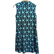 Lulu B Swing Dress M Blue Zip Beach Coastal Nautical Star Pattern Golf Active