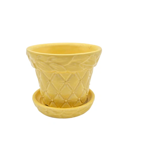 Vintage McCoy Yellow Quilted Leaves Pattern Planter with Attached Saucer 3.5" T