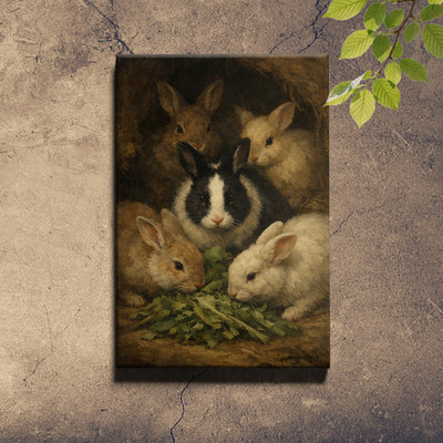 Vintage Rabbit Mother and Young Easter Bunny Framed Canvas Art Print